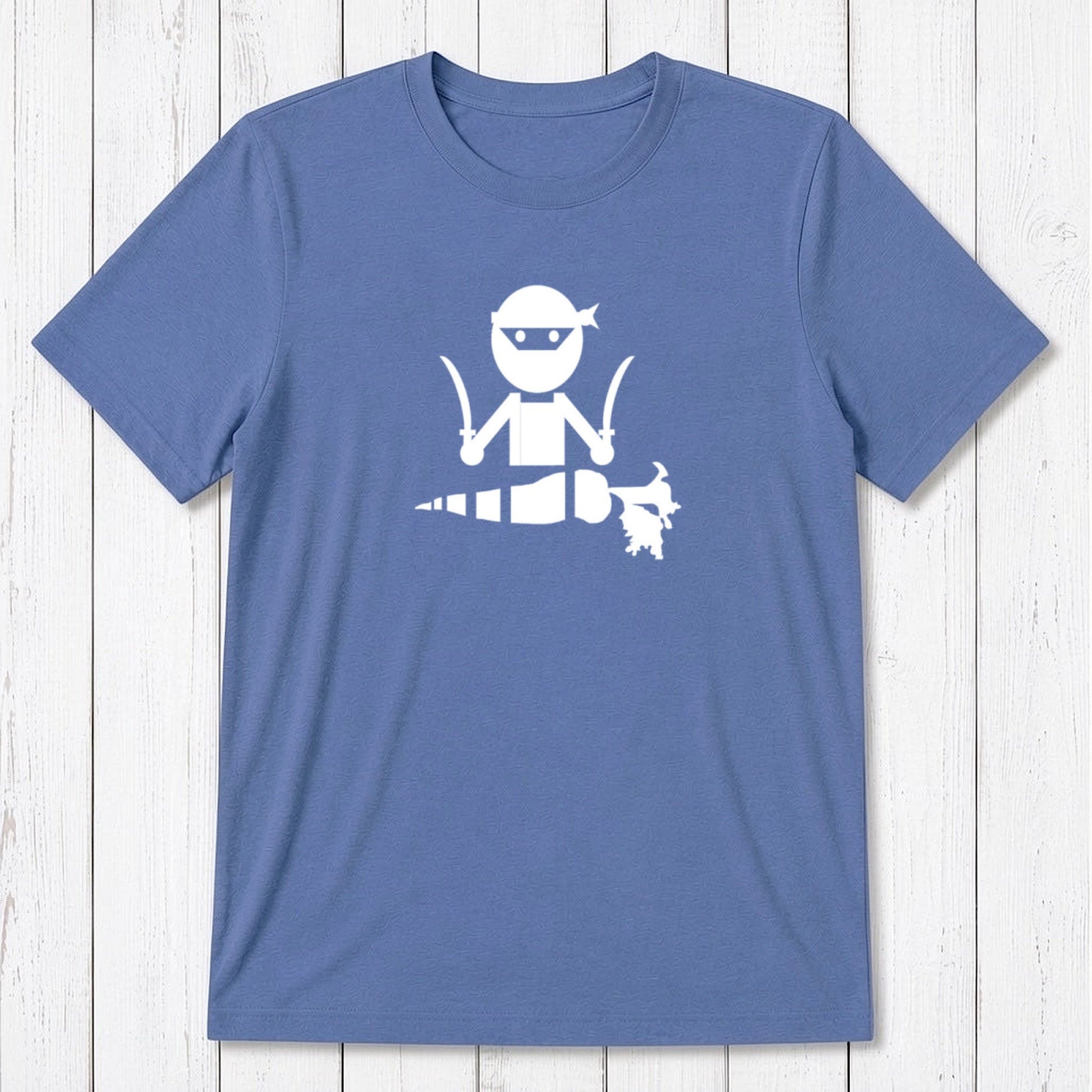 Ocean blue men's bamboo and organic cotton vegan T-shirt with white 'Veggie Ninja' print, perfect for plant-based humor lovers.