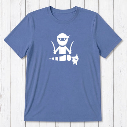 Ocean blue men's bamboo and organic cotton vegan T-shirt with white 'Veggie Ninja' print, perfect for plant-based humor lovers.