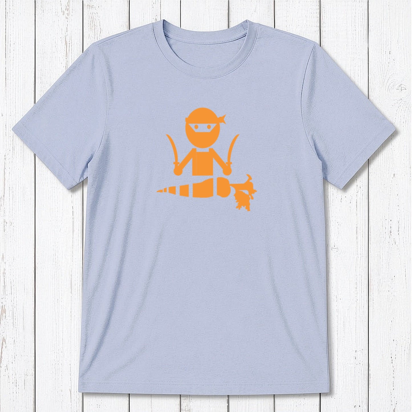 Light blue men's vegan T-shirt in bamboo and organic cotton with grey 'Veggie Ninja' graphic, sustainable and funny gift idea.