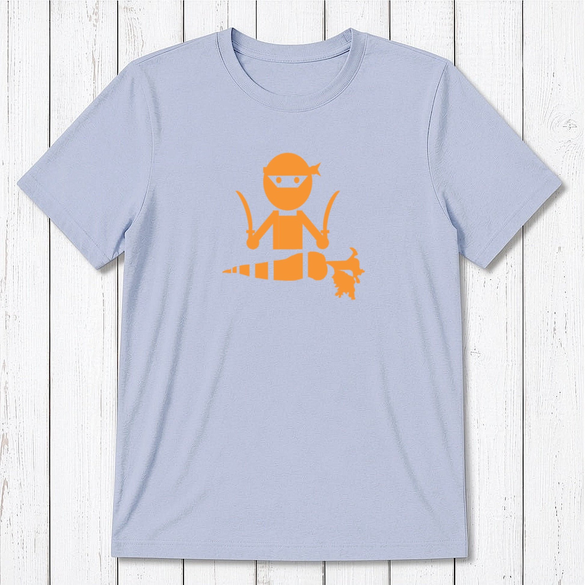 Light blue men's vegan T-shirt in bamboo and organic cotton with grey 'Veggie Ninja' graphic, sustainable and funny gift idea.