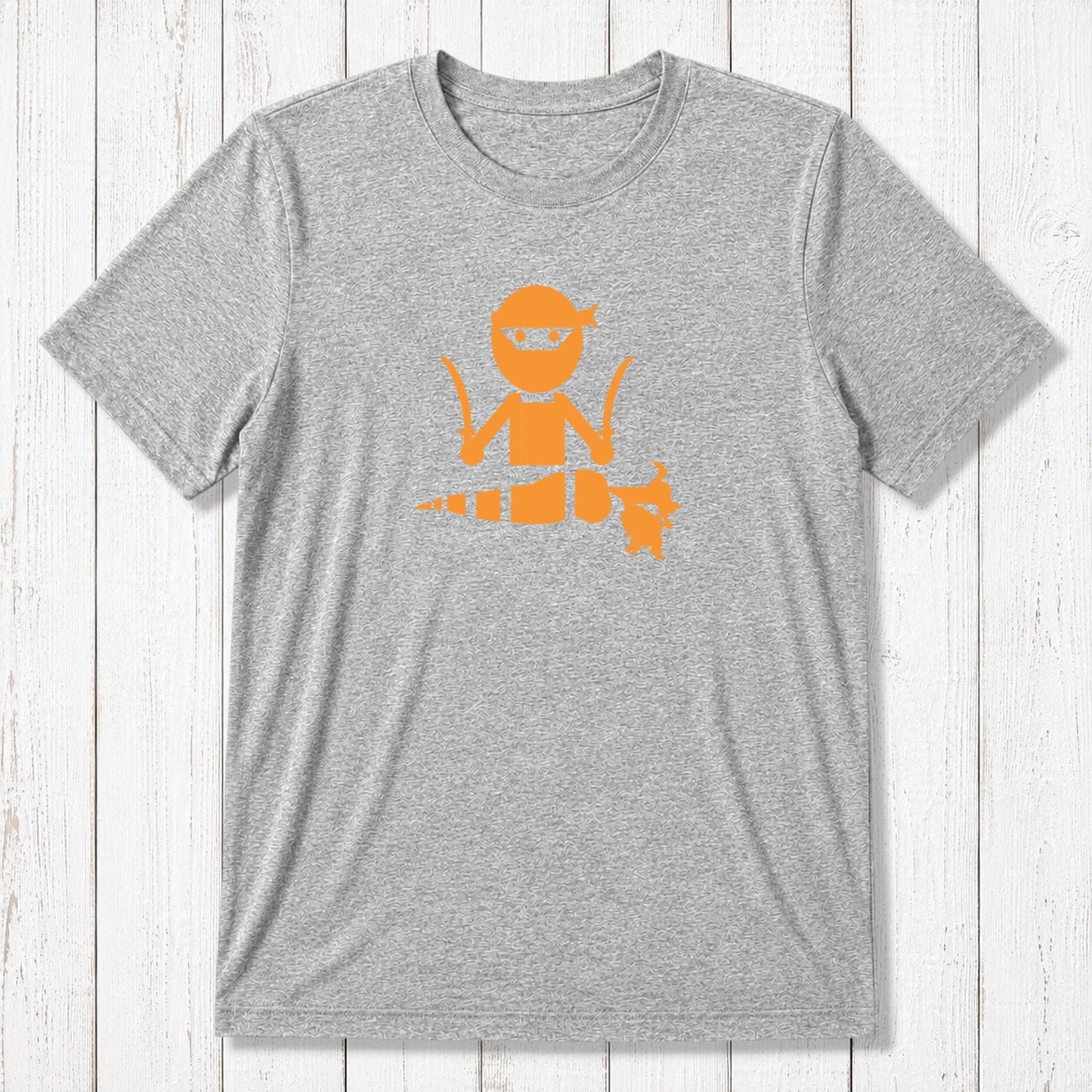 Heather grey men's vegan T-shirt made from bamboo and organic cotton, featuring a grey 'Veggie Ninja' plant-based graphic design.