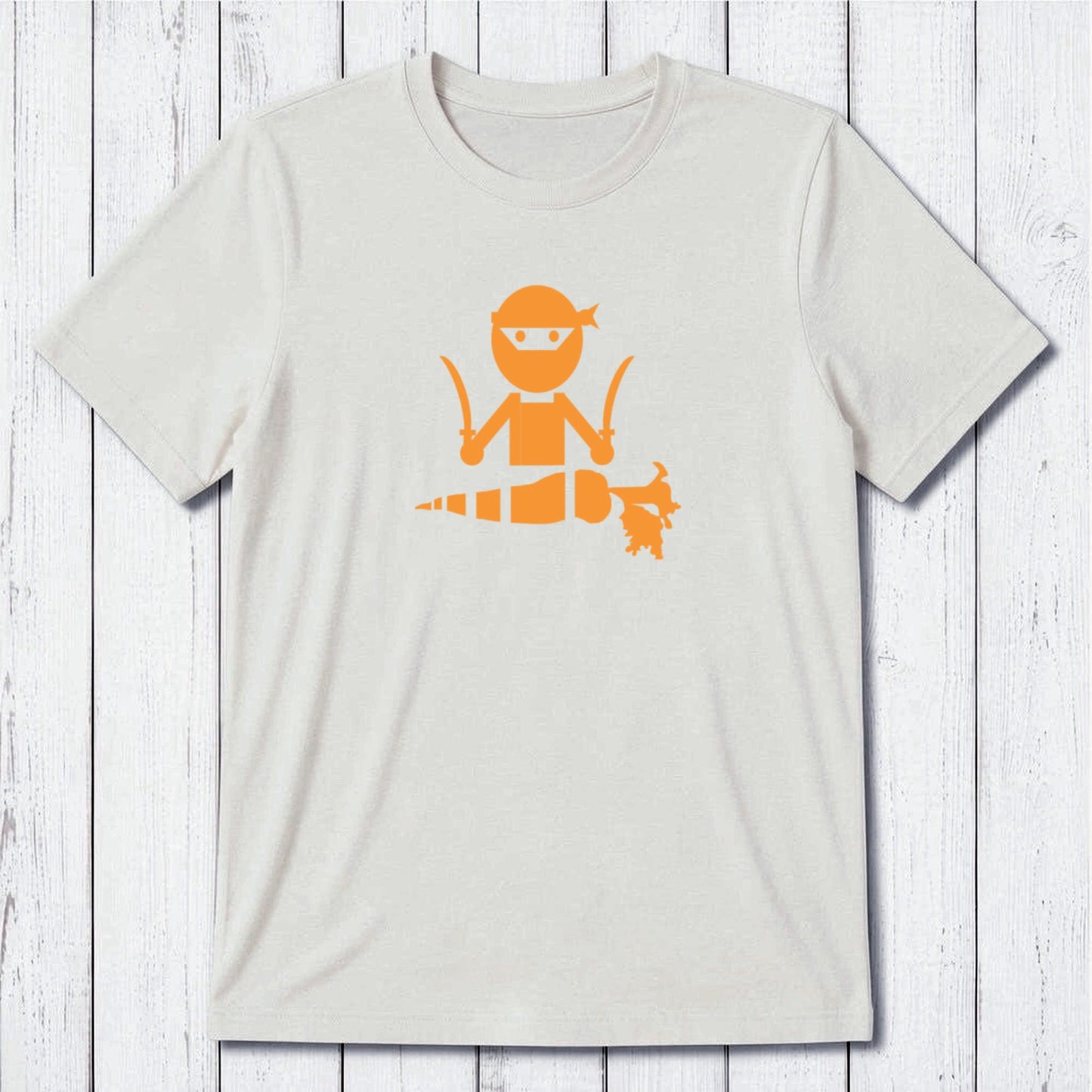 Off-white men's vegan T-shirt in bamboo and organic cotton with grey 'Veggie Ninja' design, sustainable gift for plant-based fans.
