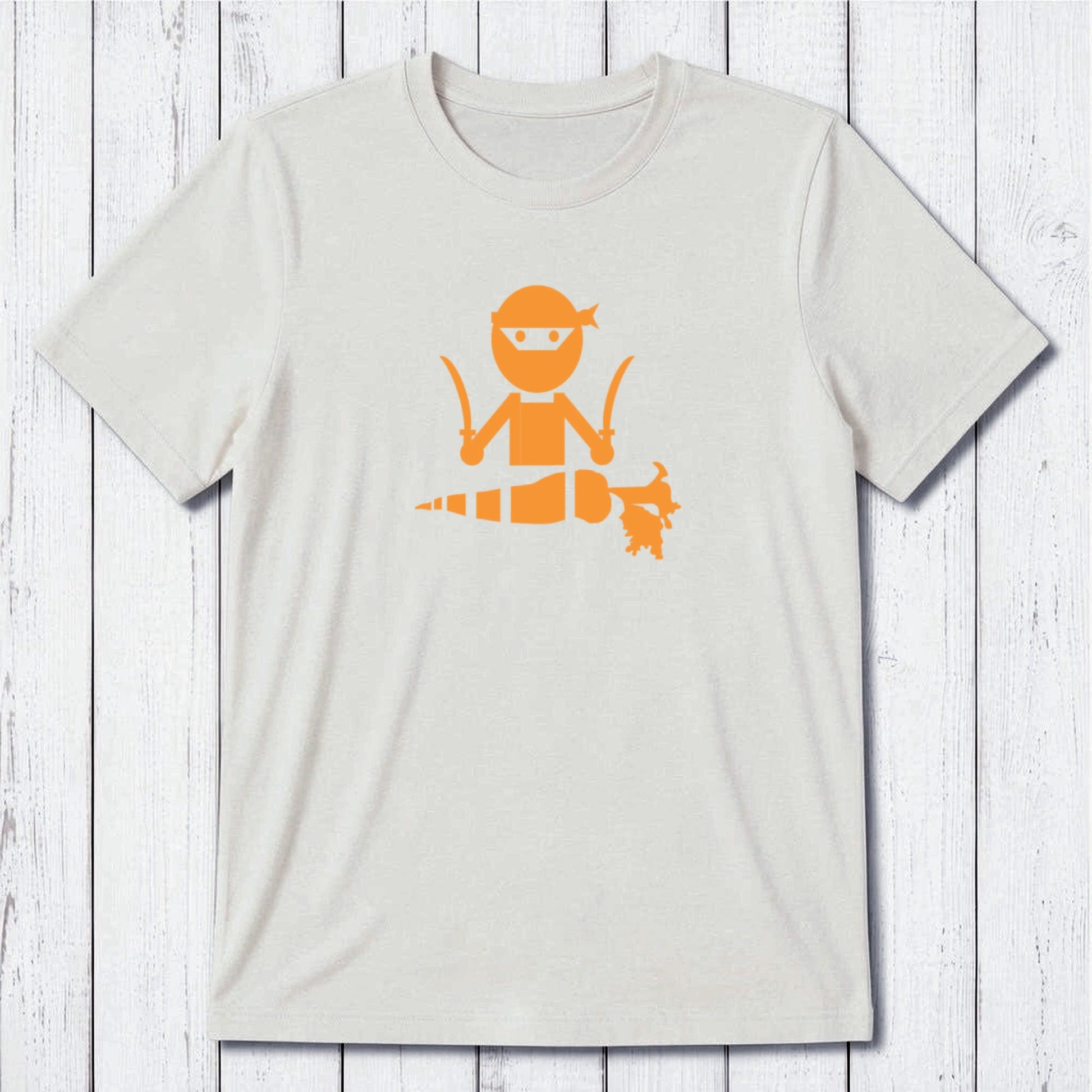 Off-white men's vegan T-shirt in bamboo and organic cotton with grey 'Veggie Ninja' design, sustainable gift for plant-based fans.