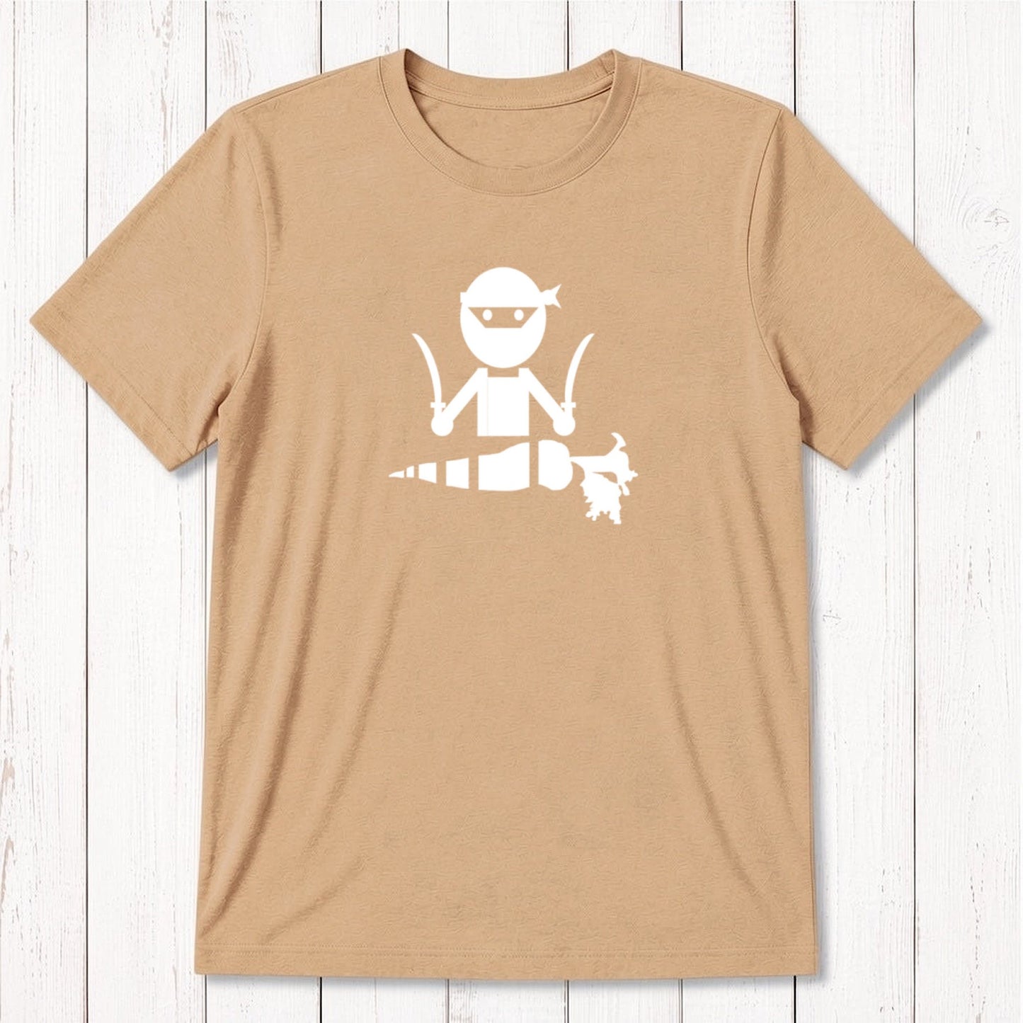 Mustard yellow men's vegan T-shirt in bamboo and organic cotton with white 'Veggie Ninja' graphic, fun and eco-conscious apparel.