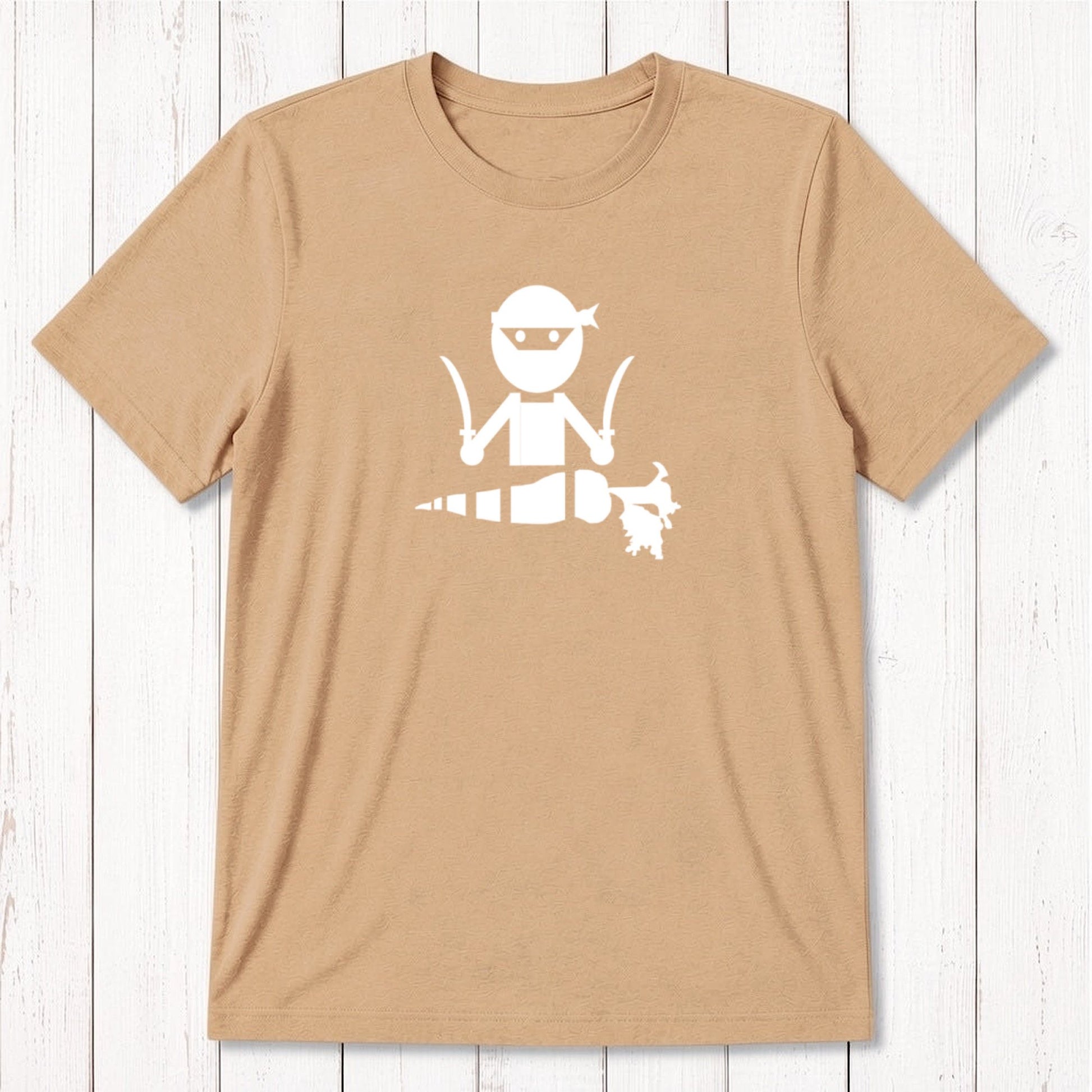 Mustard yellow men's vegan T-shirt in bamboo and organic cotton with white 'Veggie Ninja' graphic, fun and eco-conscious apparel.