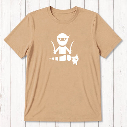 Mustard yellow men's vegan T-shirt in bamboo and organic cotton with white 'Veggie Ninja' graphic, fun and eco-conscious apparel.