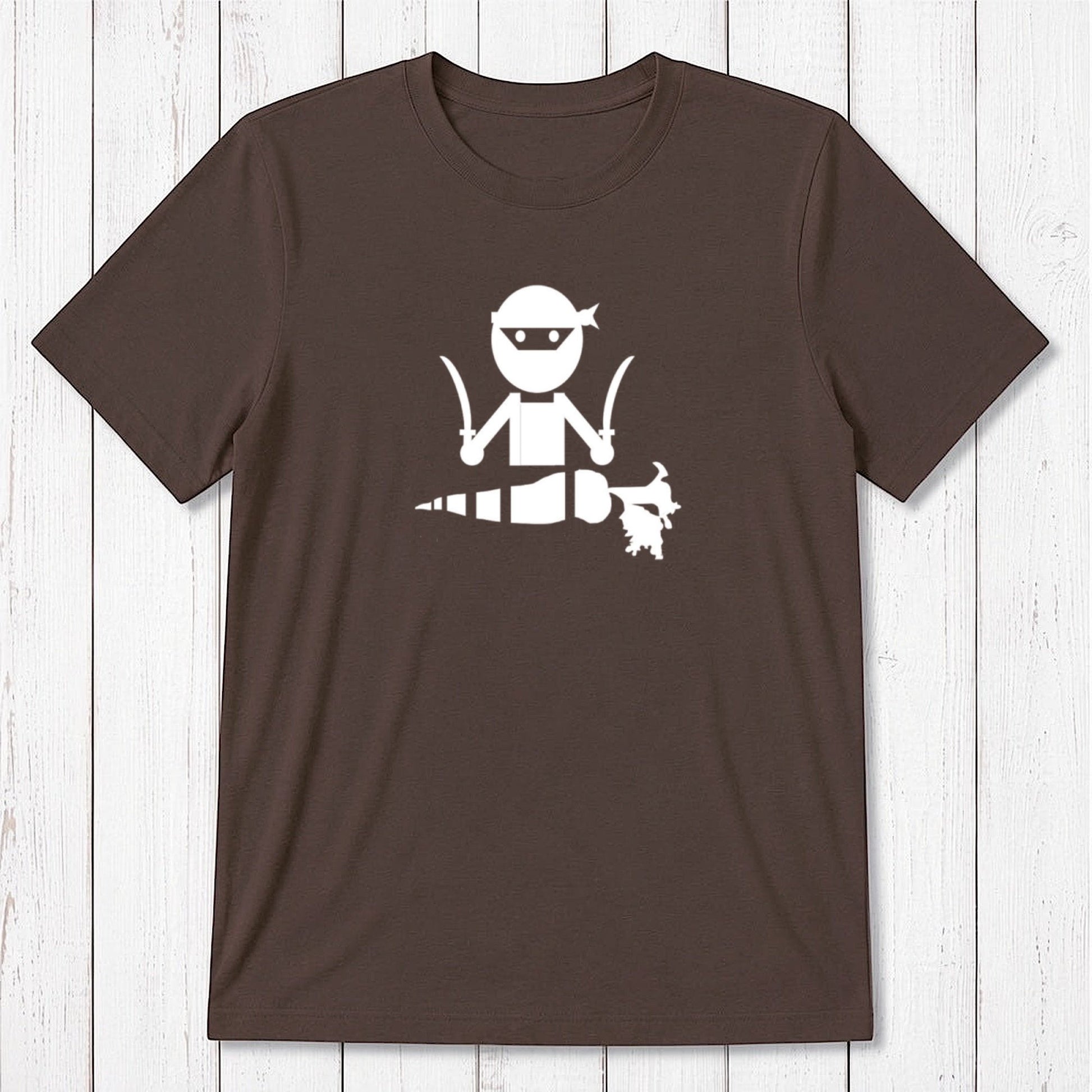 Dark brown men's vegan T-shirt in bamboo and organic cotton with white 'Veggie Ninja' graphic, sustainable and funny plant-based tee.