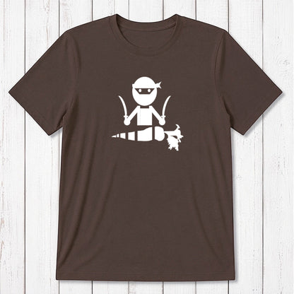 Dark brown men's vegan T-shirt in bamboo and organic cotton with white 'Veggie Ninja' graphic, sustainable and funny plant-based tee.