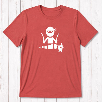 Red men's vegan T-shirt in bamboo and organic cotton with white 'Veggie Ninja' graphic, humorous and eco-friendly gift for vegetarians.