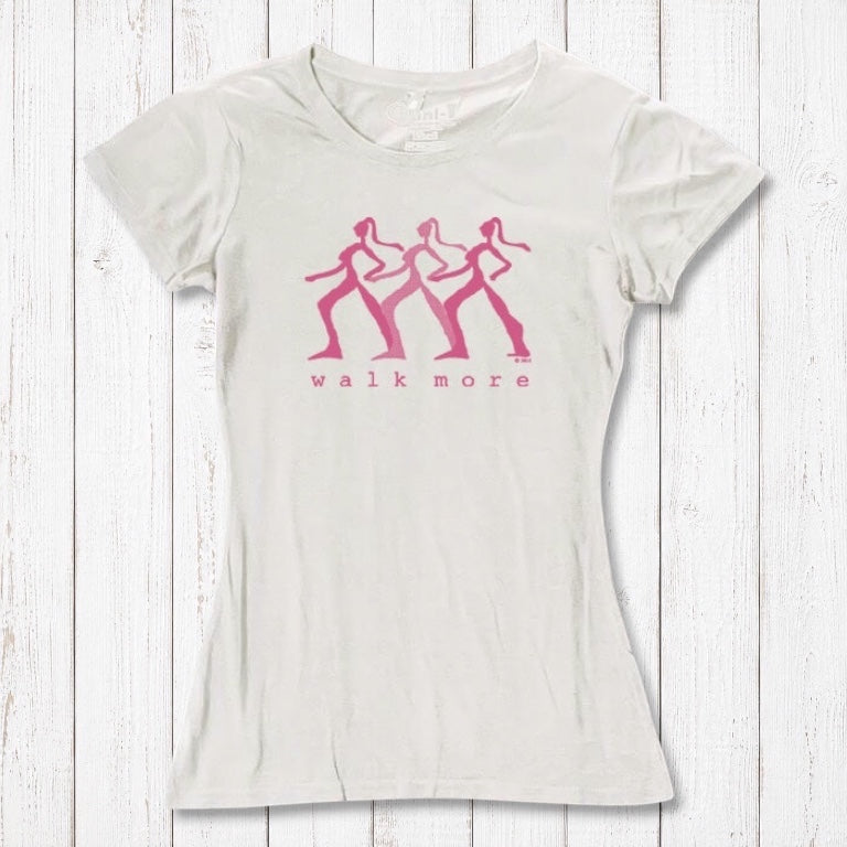 Women's Walking T-Shirt in Bamboo & Organic Cotton in off-white with pink 'Walk More' graphic. Sustainable fitness tee for hikers and walkers.