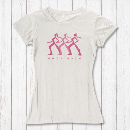 Women's Walking T-Shirt in Bamboo & Organic Cotton in off-white with pink 'Walk More' graphic. Sustainable fitness tee for hikers and walkers.