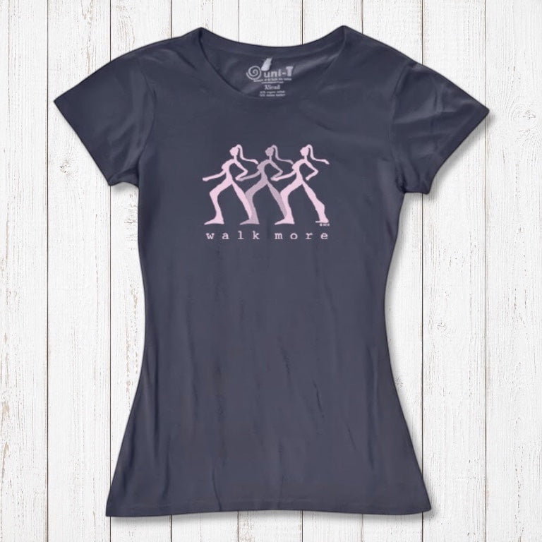 Dark navy Women's Walking T-Shirt in Bamboo & Organic Cotton featuring pink 'Walk More' quote. Eco-friendly gift for fitness lovers.