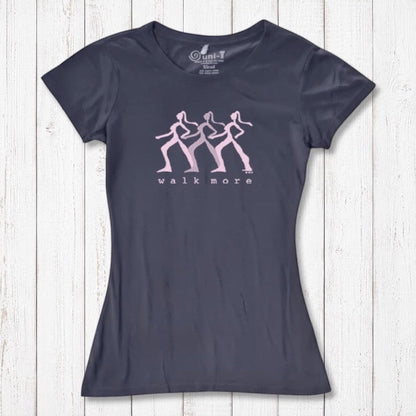 Dark navy Women's Walking T-Shirt in Bamboo & Organic Cotton featuring pink 'Walk More' quote. Eco-friendly gift for fitness lovers.