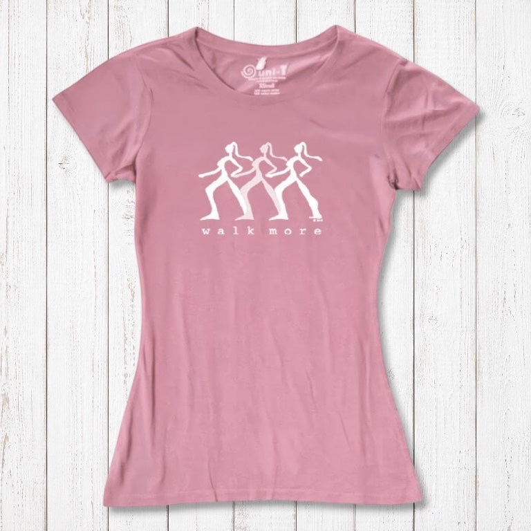 Rustic pink Women's Walking T-Shirt in Bamboo & Organic Cotton with white 'Walk More' design. Motivational and sustainable hiking apparel.
