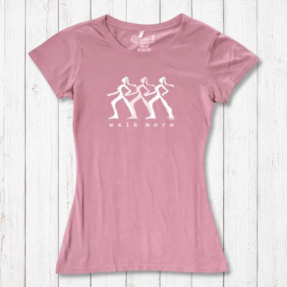 Rustic pink Women's Walking T-Shirt in Bamboo & Organic Cotton with white 'Walk More' design. Motivational and sustainable hiking apparel.