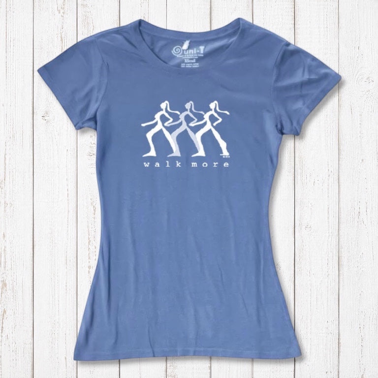 Ocean blue Women's Walking T-Shirt in Bamboo & Organic Cotton with white 'Walk More' graphic. Ideal eco-conscious gift for active women.
