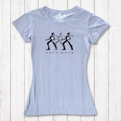 Light blue Women's Walking T-Shirt in Bamboo & Organic Cotton with black 'Walk More' silhouette design. Comfortable and eco-friendly top.