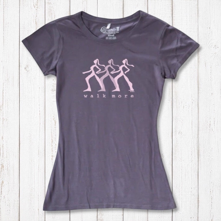 Dark purple Women's Walking T-Shirt in Bamboo & Organic Cotton with pink 'Walk More' graphic. Great sustainable gift for hikers and walkers.