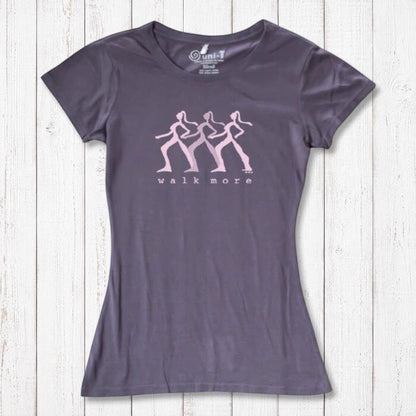 Dark purple Women's Walking T-Shirt in Bamboo & Organic Cotton with pink 'Walk More' graphic. Great sustainable gift for hikers and walkers.