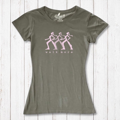 Olive green Women's Walking T-Shirt in Bamboo & Organic Cotton with pink 'Walk More' design. Eco-conscious activewear for outdoor lovers.