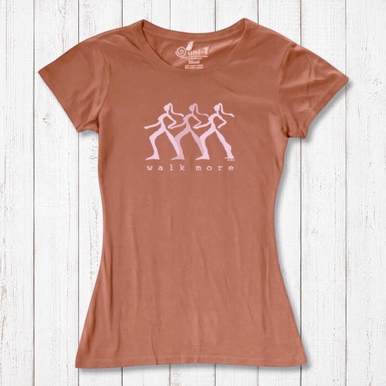 Terracotta Women's Walking T-Shirt in Bamboo & Organic Cotton with white 'Walk More' graphic. Sustainable and stylish gift for hikers.