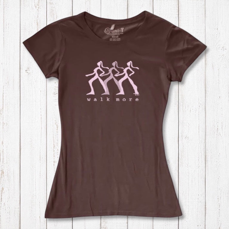 Brown Women's Walking T-Shirt in Bamboo & Organic Cotton with pink 'Walk More' design. Comfortable and eco-friendly fitness apparel.