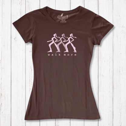 Brown Women's Walking T-Shirt in Bamboo & Organic Cotton with pink 'Walk More' design. Comfortable and eco-friendly fitness apparel.