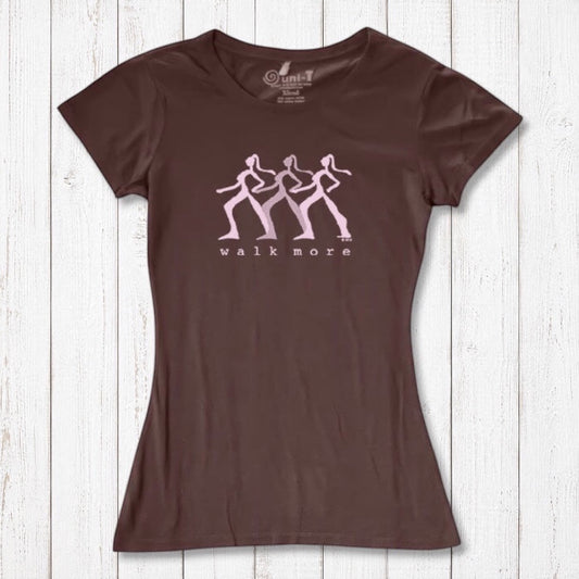 Brown Women's Walking T-Shirt in Bamboo & Organic Cotton with pink 'Walk More' design. Comfortable and eco-friendly fitness apparel.