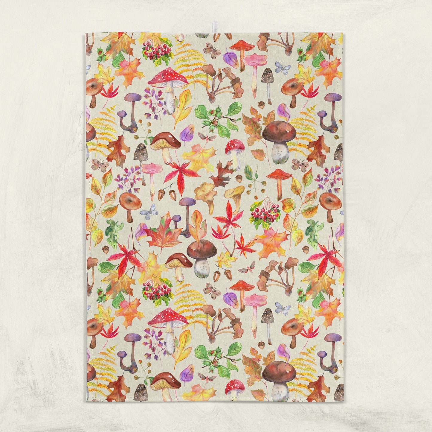 Watercolor Mushrooms Tea Towel - cream - cotton-linen kitchen towel