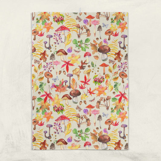 Watercolor Mushrooms Tea Towel - cream - cotton-linen kitchen towel