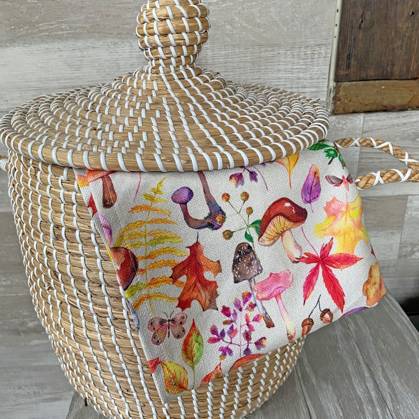 Watercolor Mushrooms Tea Towel - cream - cotton-linen kitchen towel