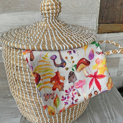 Watercolor Mushrooms Tea Towel - cream - cotton-linen kitchen towel