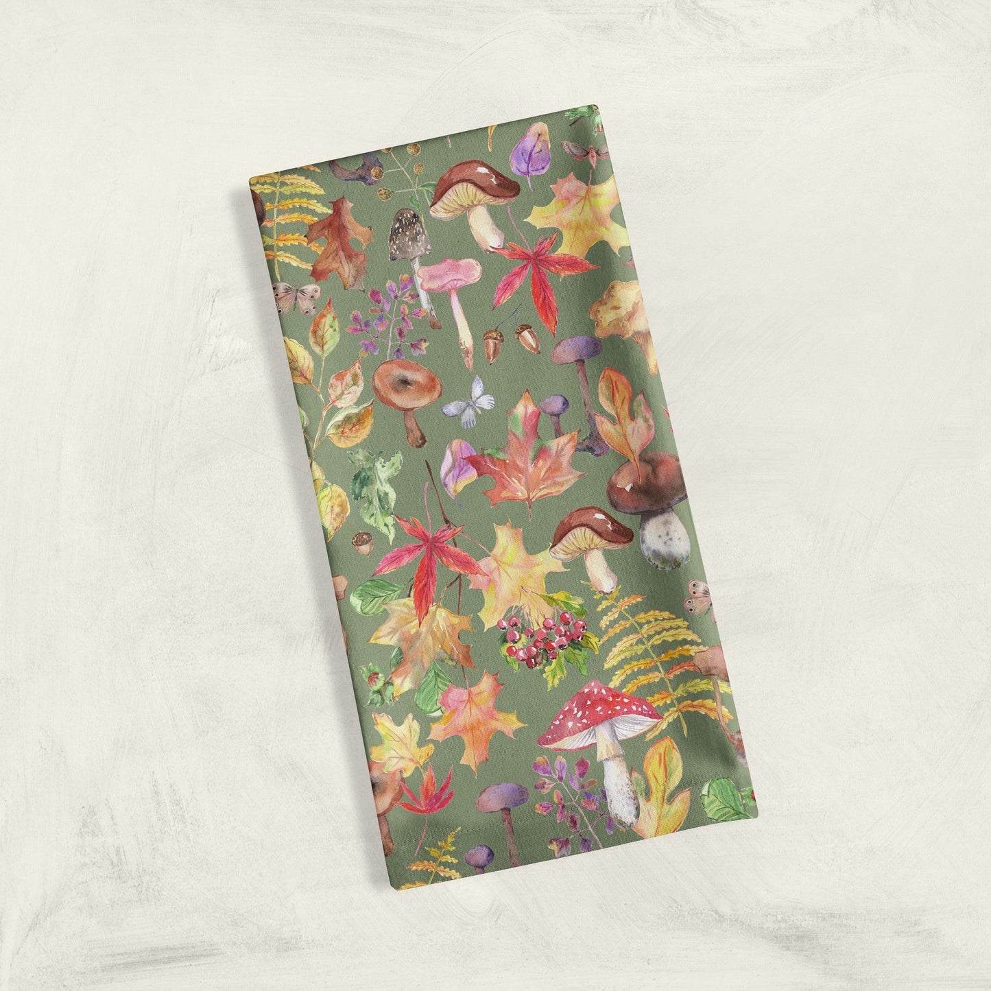 Watercolor Mushrooms Tea Towel - cream - cotton-linen kitchen towel