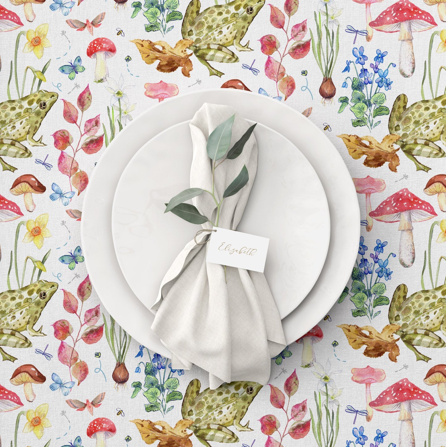 Frog Haven linen dish towel with watercolor frog and nature design