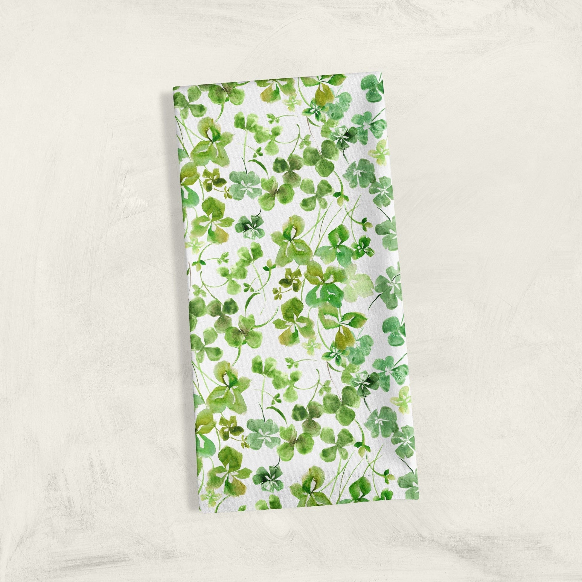 Green shamrock pattern on watercolor kitchen towel for home decor