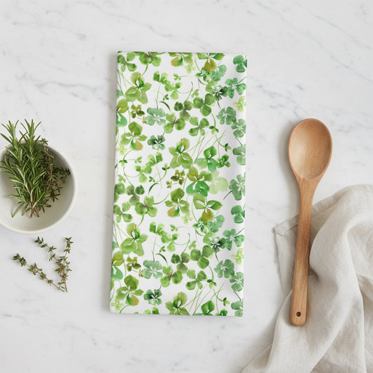 Green shamrock pattern on watercolor kitchen towel for home decor