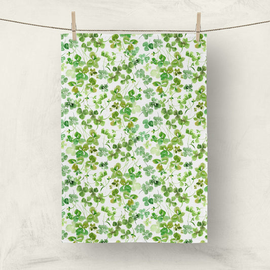 Watercolor shamrock kitchen towel with green clover pattern