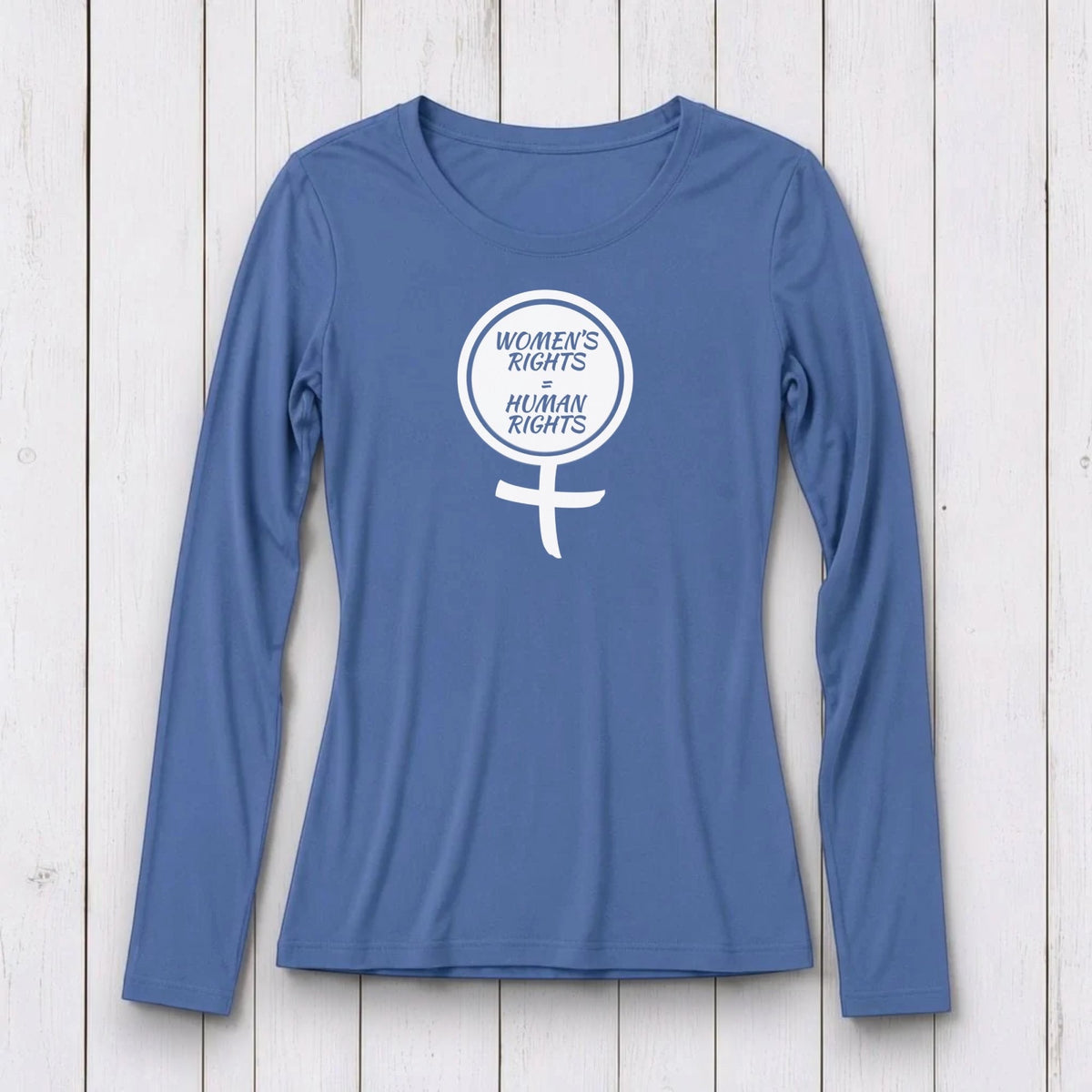 Brown long sleeve women's T-shirt with white feminist message and female symbol graphic on white wooden background