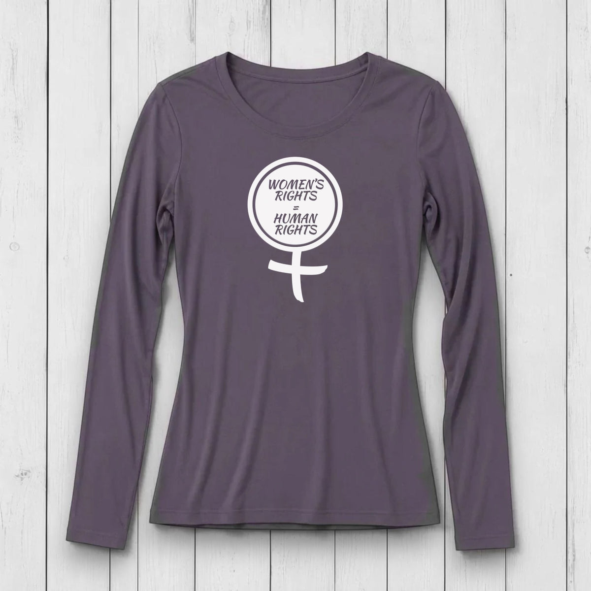 Long sleeve women's T-shirt in purple with a graphic message about women's rights being equal to human rights, crafted from organic cotton.