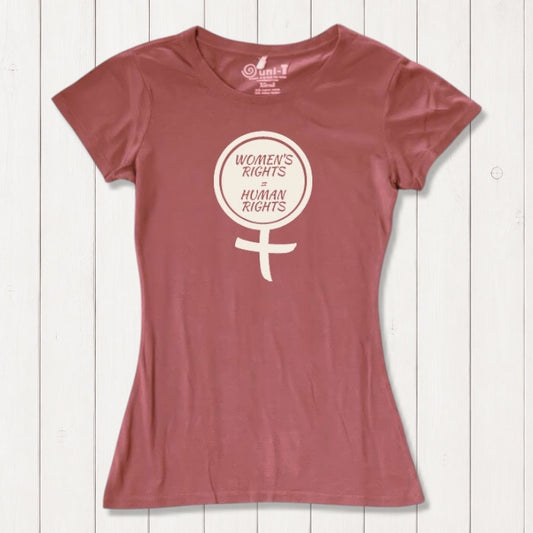 Rustic pink Women's Rights T-Shirt in bamboo and organic cotton with feminist symbol and 'Women's Rights Are Human Rights' text. Eco-friendly statement tee.
