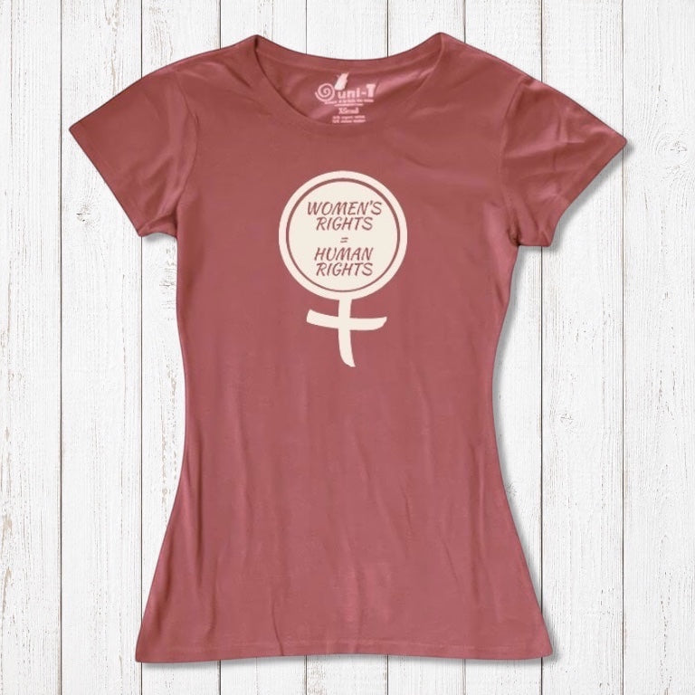 Rustic pink Women's Rights T-Shirt in bamboo and organic cotton with feminist symbol and 'Women's Rights Are Human Rights' text. Eco-friendly statement tee.