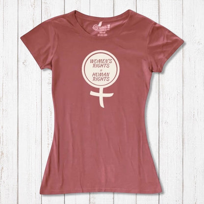 Rustic pink Women's Rights T-Shirt in bamboo and organic cotton with feminist symbol and 'Women's Rights Are Human Rights' text. Eco-friendly statement tee.