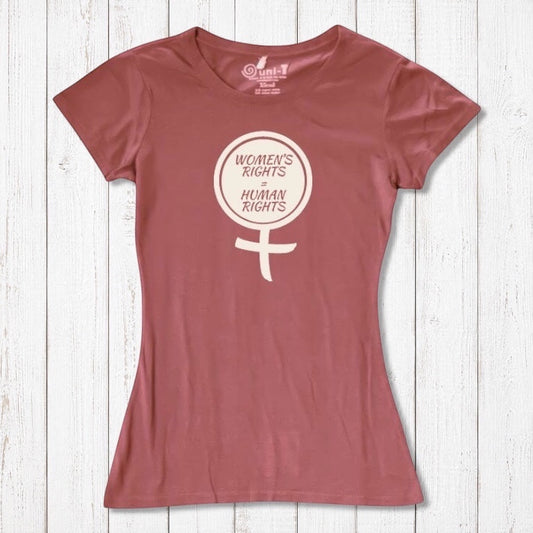 Rustic pink Women's Rights T-Shirt in bamboo and organic cotton with feminist symbol and 'Women's Rights Are Human Rights' text. Eco-friendly statement tee.