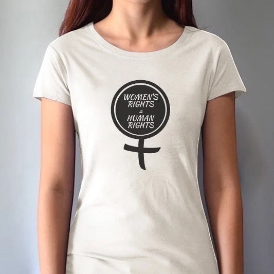 Model wearing ivory Women's Rights T-Shirt made from bamboo and organic cotton, featuring bold black feminist graphic. Ethical fashion for equality.