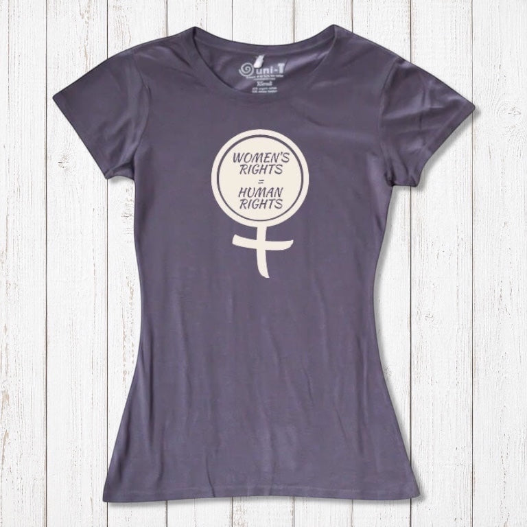 Dark purple Women's Rights T-Shirt in sustainable bamboo and organic cotton with cream feminist graphic. Empowering human rights apparel.