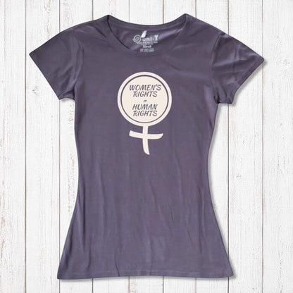 Dark purple Women's Rights T-Shirt in sustainable bamboo and organic cotton with cream feminist graphic. Empowering human rights apparel.