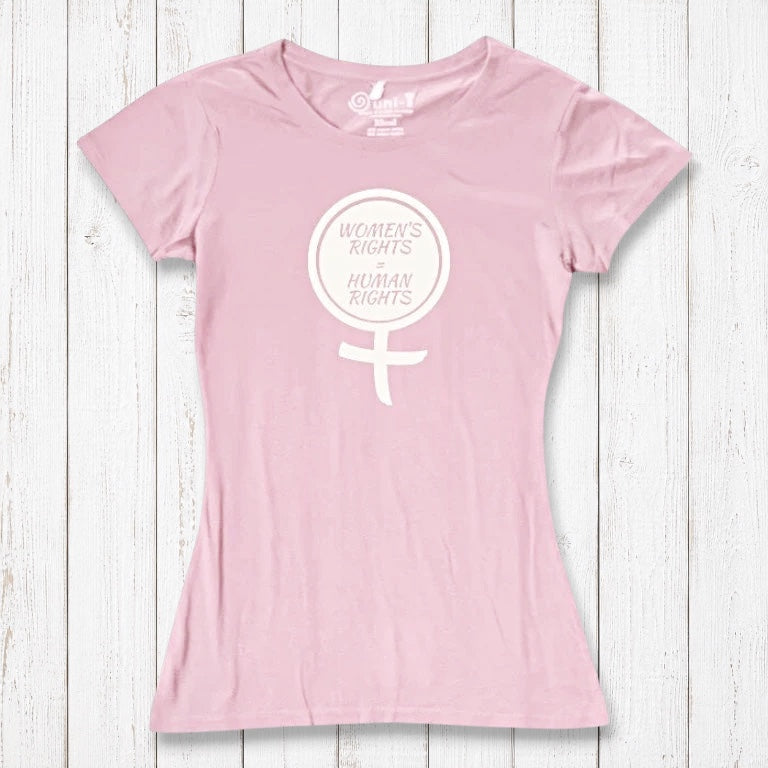 Light pink Women's Rights T-Shirt crafted from bamboo and organic cotton, showcasing cream feminist symbol and message. Feminist gift idea.