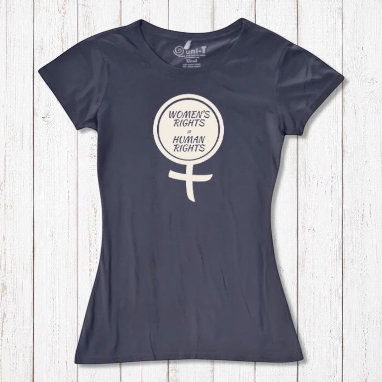 Navy Women's Rights T-Shirt in bamboo and organic cotton with cream feminist graphic. Sustainable fashion supporting gender equality.