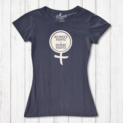 Navy Women's Rights T-Shirt in bamboo and organic cotton with cream feminist graphic. Sustainable fashion supporting gender equality.