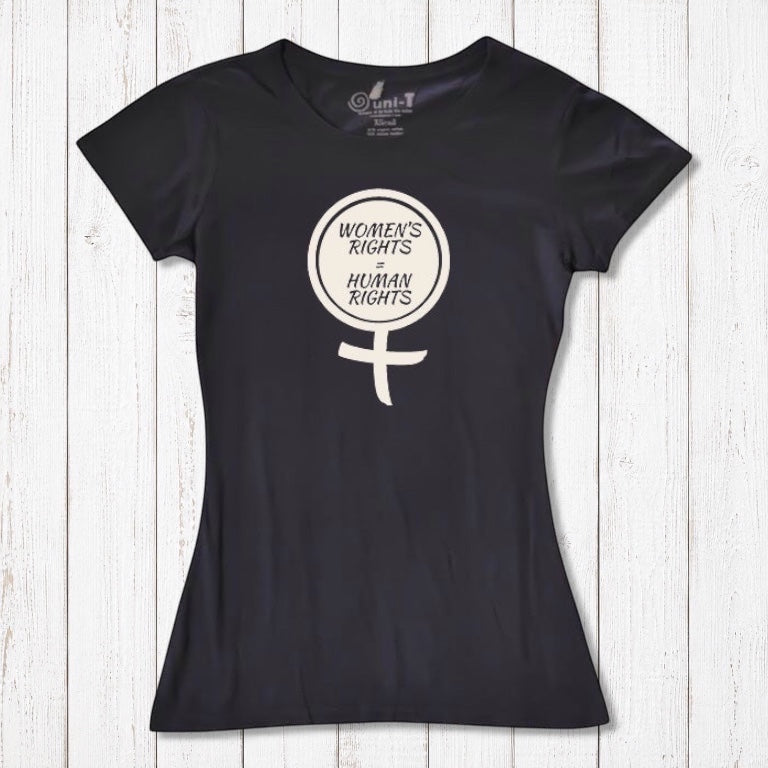 Black Women's Rights T-Shirt made from bamboo and organic cotton, featuring cream feminist symbol. Ethical tee promoting human rights.